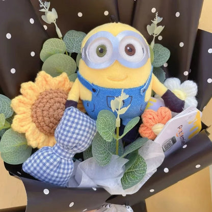 Genuine Amine Minions Plush Dolls With Sunflowers Roses Creative Bouquets Christmas Birthday Graduation Valentine Gifts