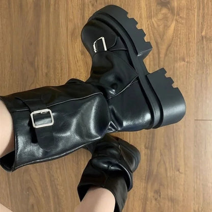 Women's Chunky Platform Motorcycle Boots Vintage Slouchy Mid-Calf Biker Shoes Matte Leather Buckle Booties