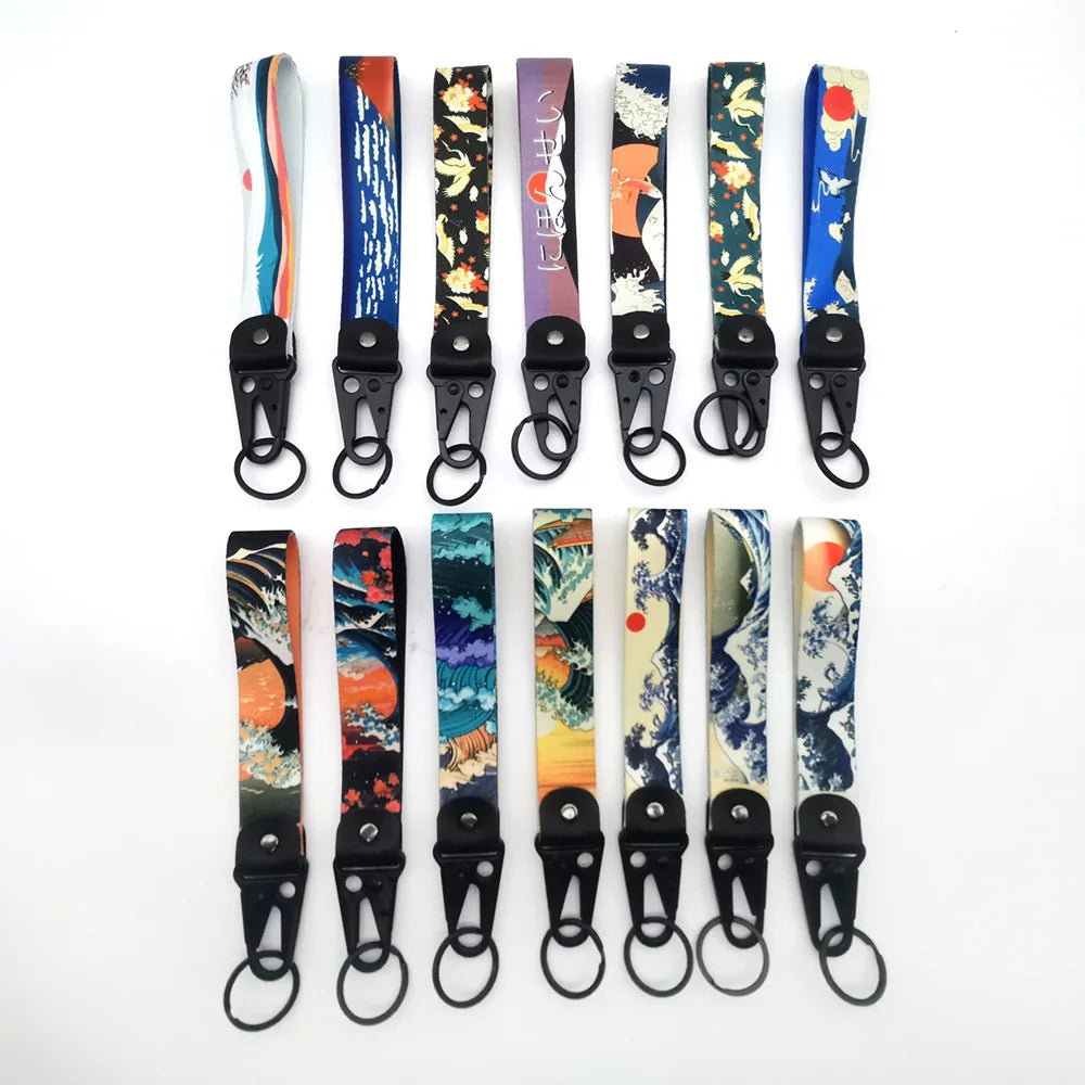JDM Style Ukiyo-e Crane Keychain Racing Modified Nylon Motorcycle Keyring Auto Key Holder Accessories
