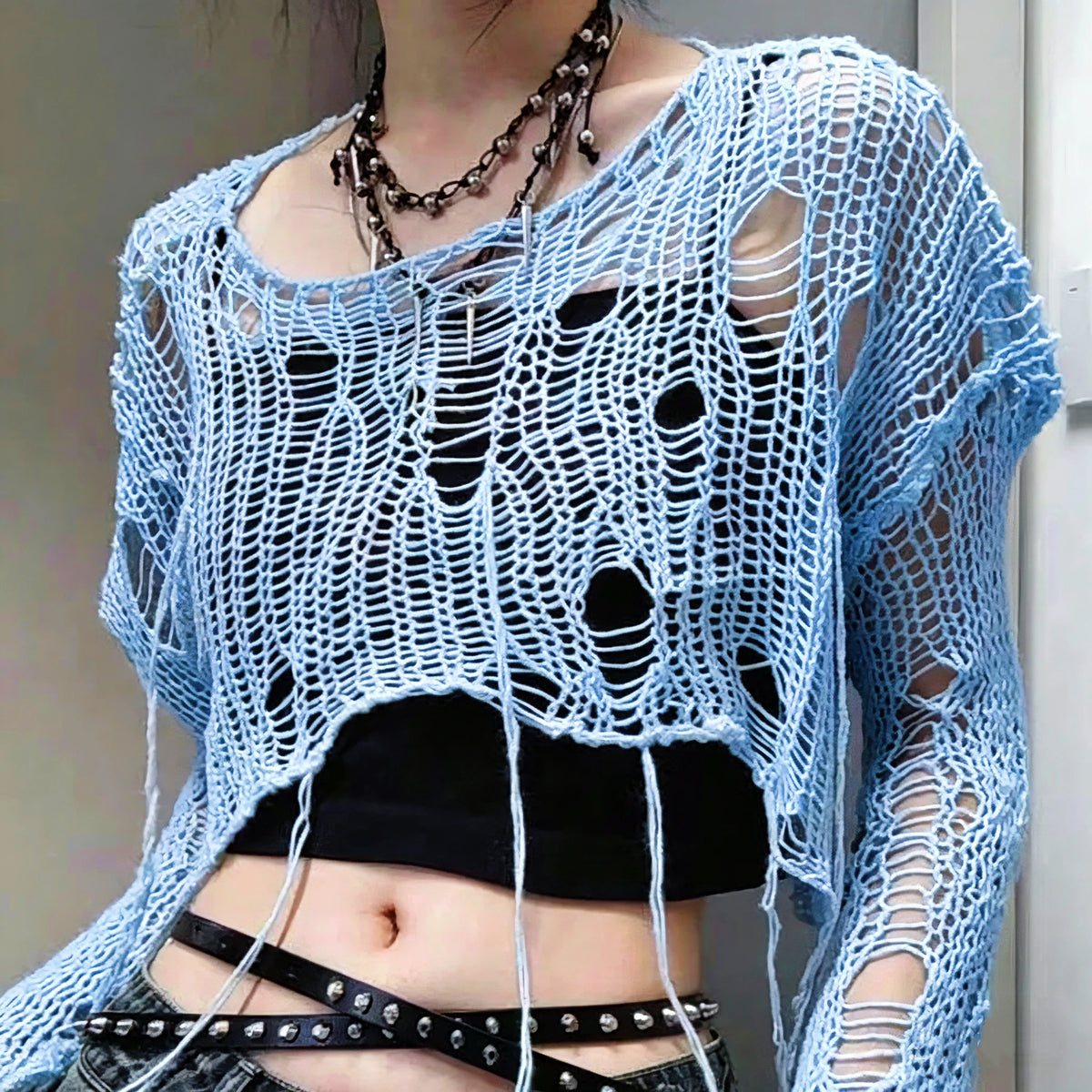 Solid Slash Neck Grunge Knitted Women's Sweater Hole Ripped Pullover Crop Top Harajuku Hollow Out Sexy Summer Jumpers All Match