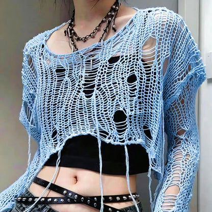 Solid Slash Neck Grunge Knitted Women's Sweater Hole Ripped Pullover Crop Top Harajuku Hollow Out Sexy Summer Jumpers All Match