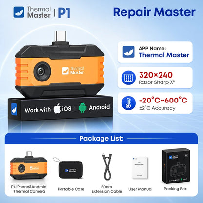 (for iPhone&Android) P1 Android Thermal Camera for iPhone 320*240 X³IR Resolution 600℃ 25Hz HVAC House Inspection Camera