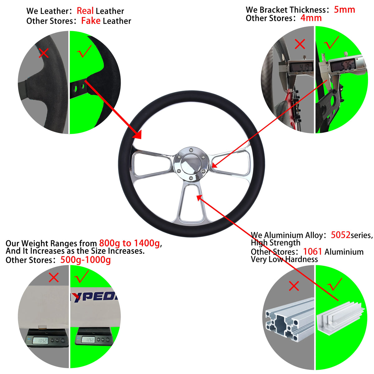 Universal 14 Inch 350mm Classic Retro Microfiber Leather Steering Wheel Black Chrome Plated Three Spoke Bracket 7mm Thick