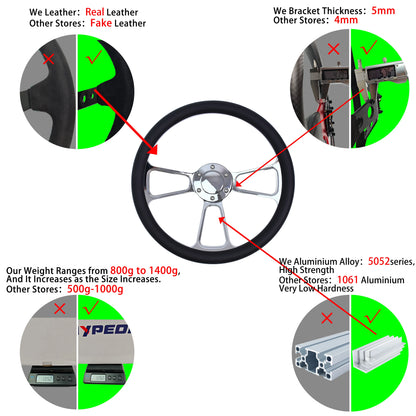 Universal 14 Inch 350mm Classic Retro Microfiber Leather Steering Wheel Black Chrome Plated Three Spoke Bracket 7mm Thick