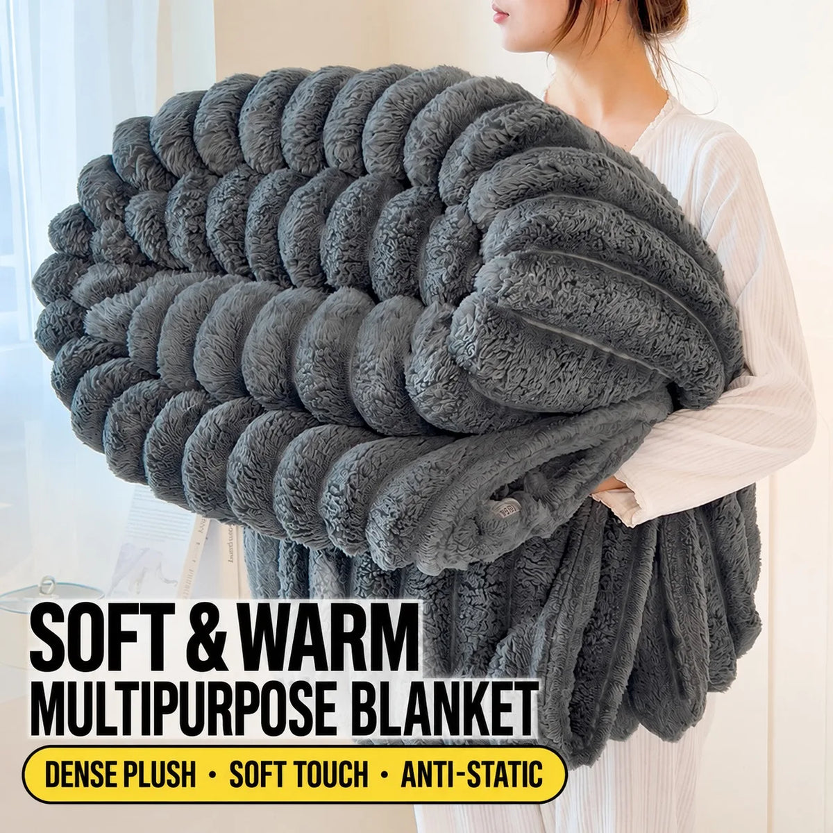 Thick Warm Wide Striped Flannel Blanket Solid Color Soft Fluffy Plush Throws for Sofa Bed Office Travel Multifunctional Blanket