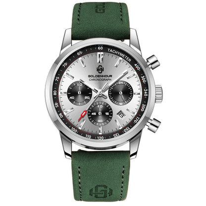 Men's Luxury Watch GOLDENHOUR Green Chronograph Quartz Leather Waterproof Luminous Military Sport Wristwatch Relogio Masculino