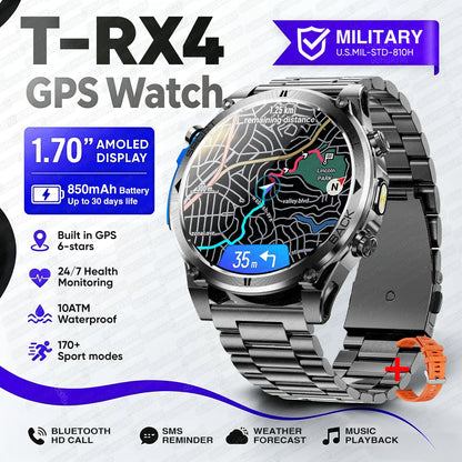 T-RX4 Ultra GPS Outdoors Military Smart Watch Men 1.7" AMOLED Compass 10ATM Waterproof 850mAh Battery Bluetooth Call Smartwatch