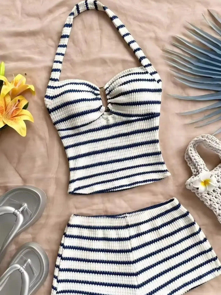 Summer Textured Knit Halter Top Shorts Two Piece Outfit, Classic Nautical Stripes Paired With Breathable Knit Fabric, Ideal For