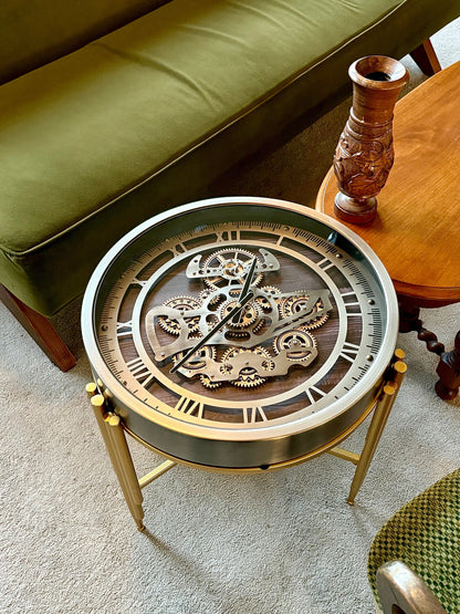 Retro high-end light luxury Nordic style clock gear American living room sofa side table small coffee table tempered glass
