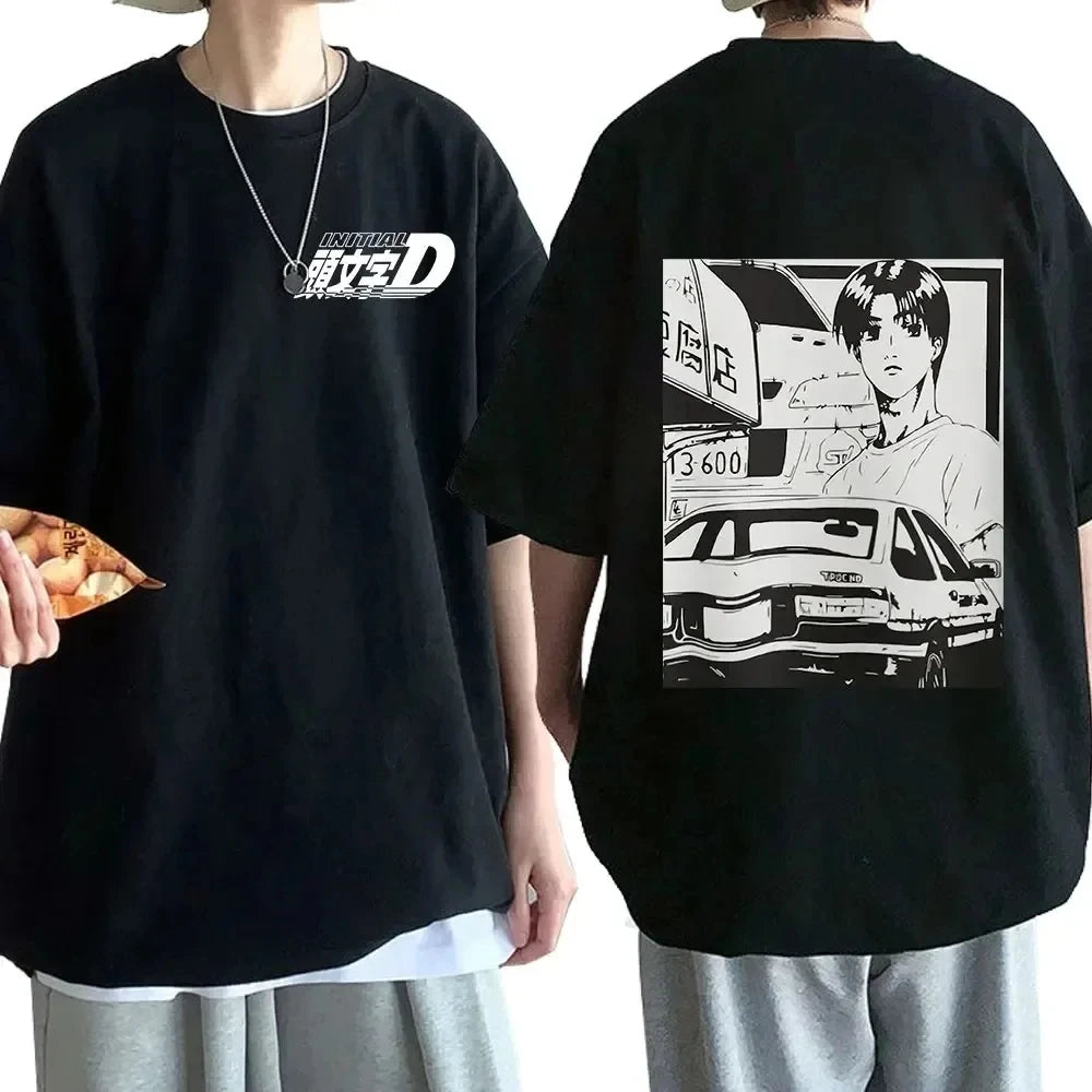 Anime Drift AE86 Initial D Double Sided T Shirt O-Neck Short Sleeves Summer Unisex R34 Skyline GTR JDM Manga T-Shirts 71775