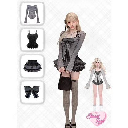 Sweet Lolita Lace Up Ruffles Cardigan+ Sexy Slim Fit Strapless Vest Tops+ High Waist Ruched Skirts Early Autumn Three Piece Sets