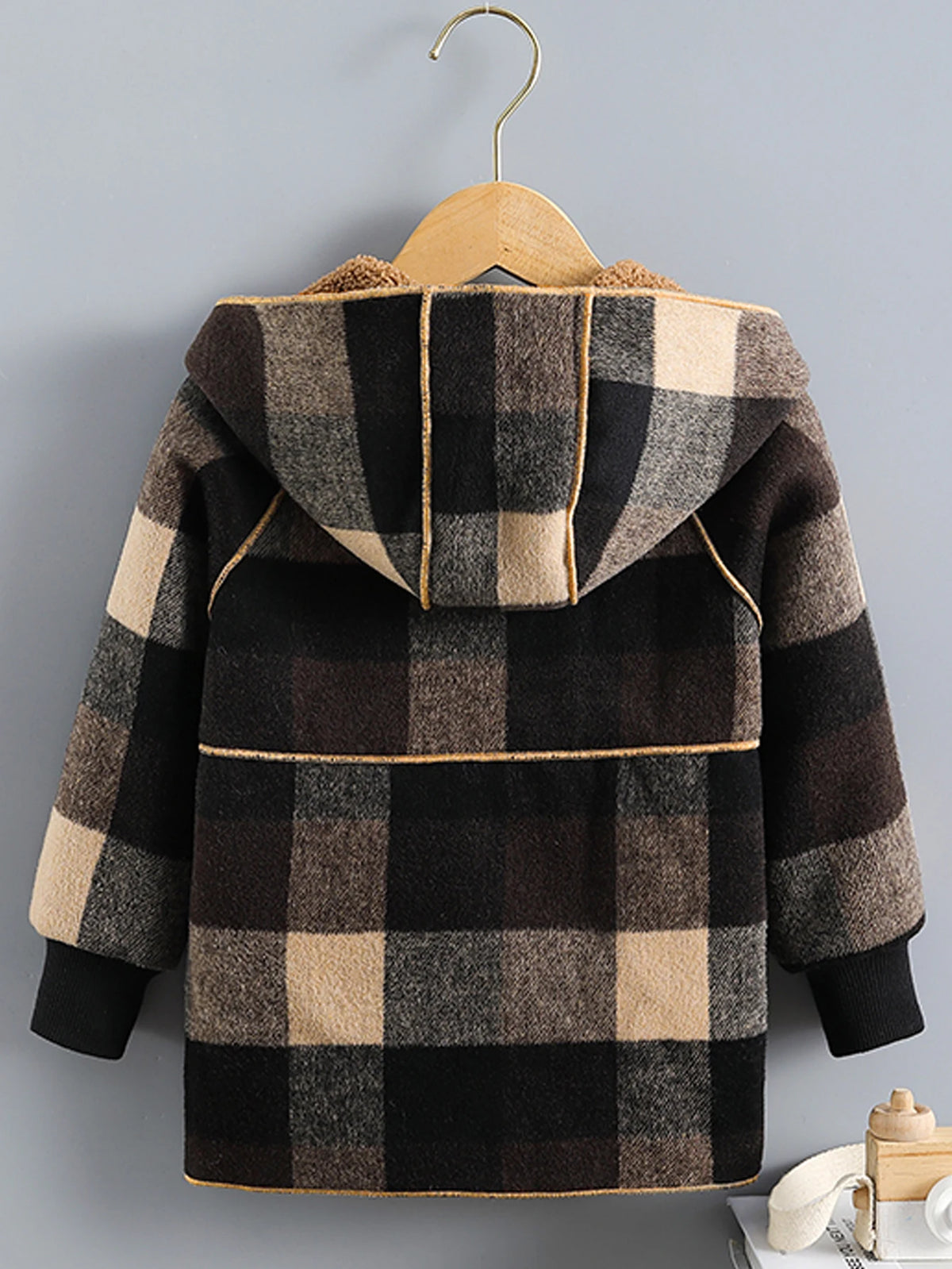 Children's Clothing Boys' Plaid Hooded Mid-Length Spring and Autumn Jacket, Winter Open-Front Outerwear, Comfortable Raglan Sleeves