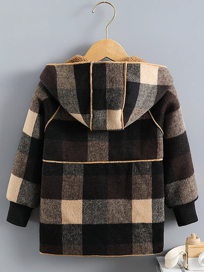 Children's Clothing Boys' Plaid Hooded Mid-Length Spring and Autumn Jacket, Winter Open-Front Outerwear, Comfortable Raglan Sleeves