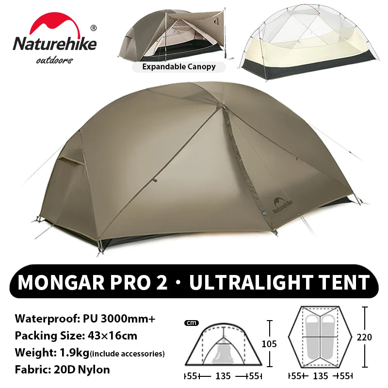 Naturehike Mongar UL PRO 1-3 People Tent 20D Ultralight Travel Waterproof Hiking Survival Outdoor Camping Portable Sun Shelter