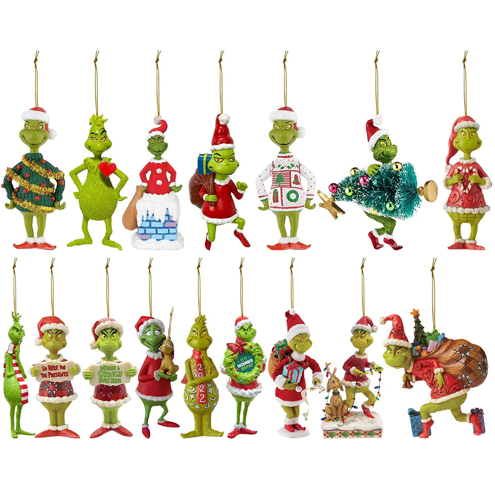 17Pcs 2D Acrylic Christmas Tree Green Monsters Ornaments Cute Green Monsters Christmas Tree Pendants Christmas Cartoon Ornaments