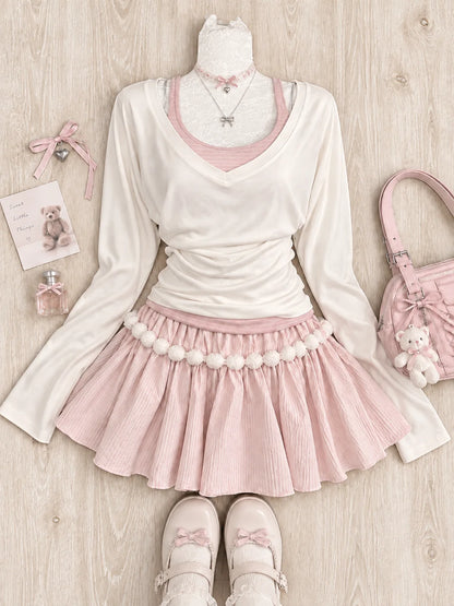 Sweet Lolita Lace Up Ruffles Cardigan+ Sexy Slim Fit Strapless Vest Tops+ High Waist Ruched Skirts Early Autumn Three Piece Sets