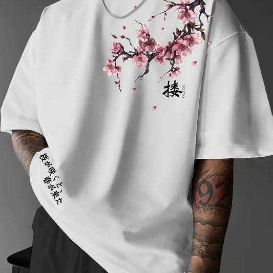 Summer Men's Printed T-Shirt with Japanese Cherry Blossom Branch Pattern 100% Cotton Loose Fit Outdoor Sports Streetwear
