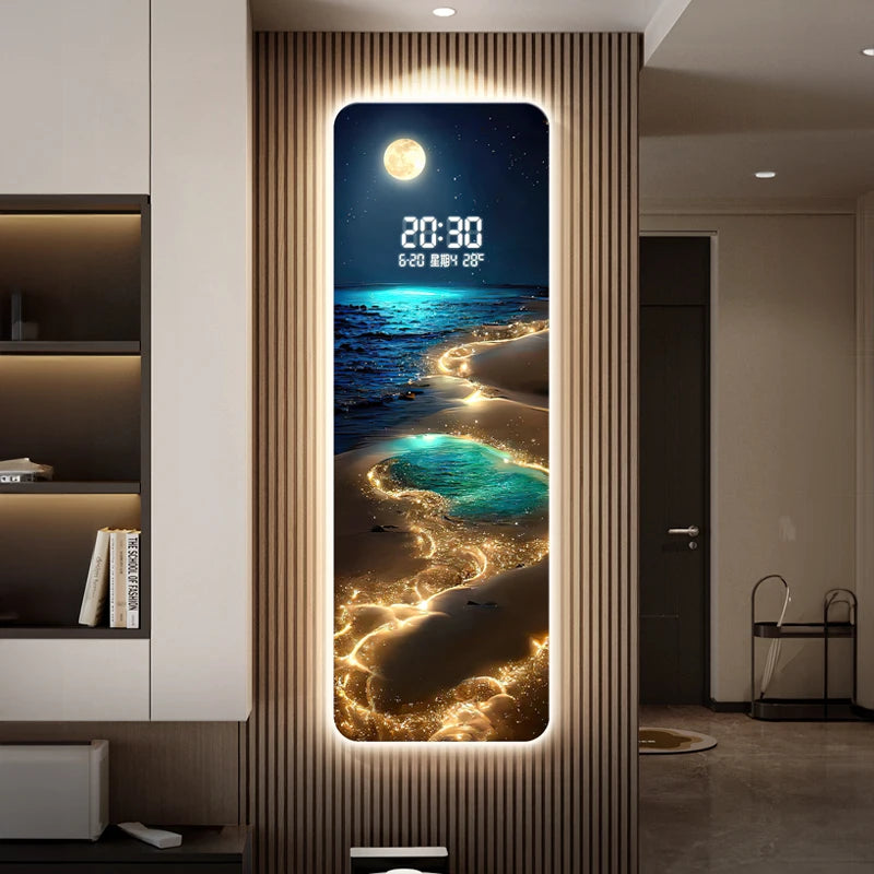 Wave painting, living room clock, moon digital display, intelligent electronic clock, entrance decoration, painted lights