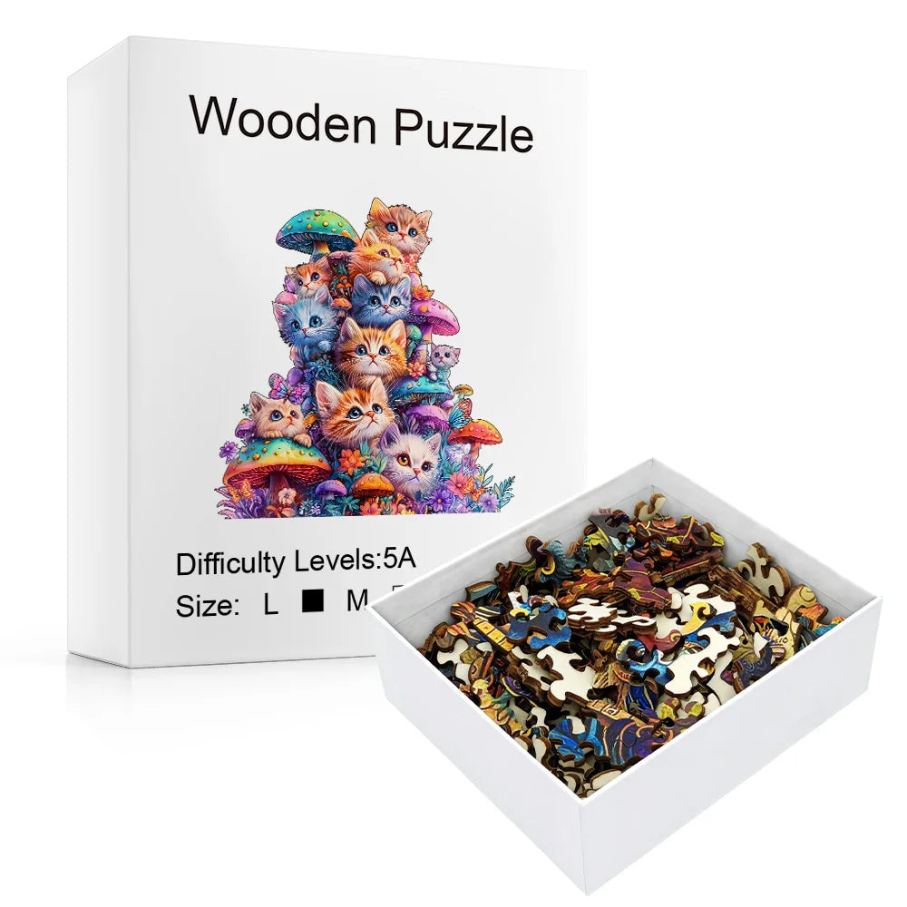 Adult Wooden Puzzle - Cute Mushroom Cat Animal Pattern - Unique Irregular Shape - Gift for Puzzle Enthusiasts and Friends