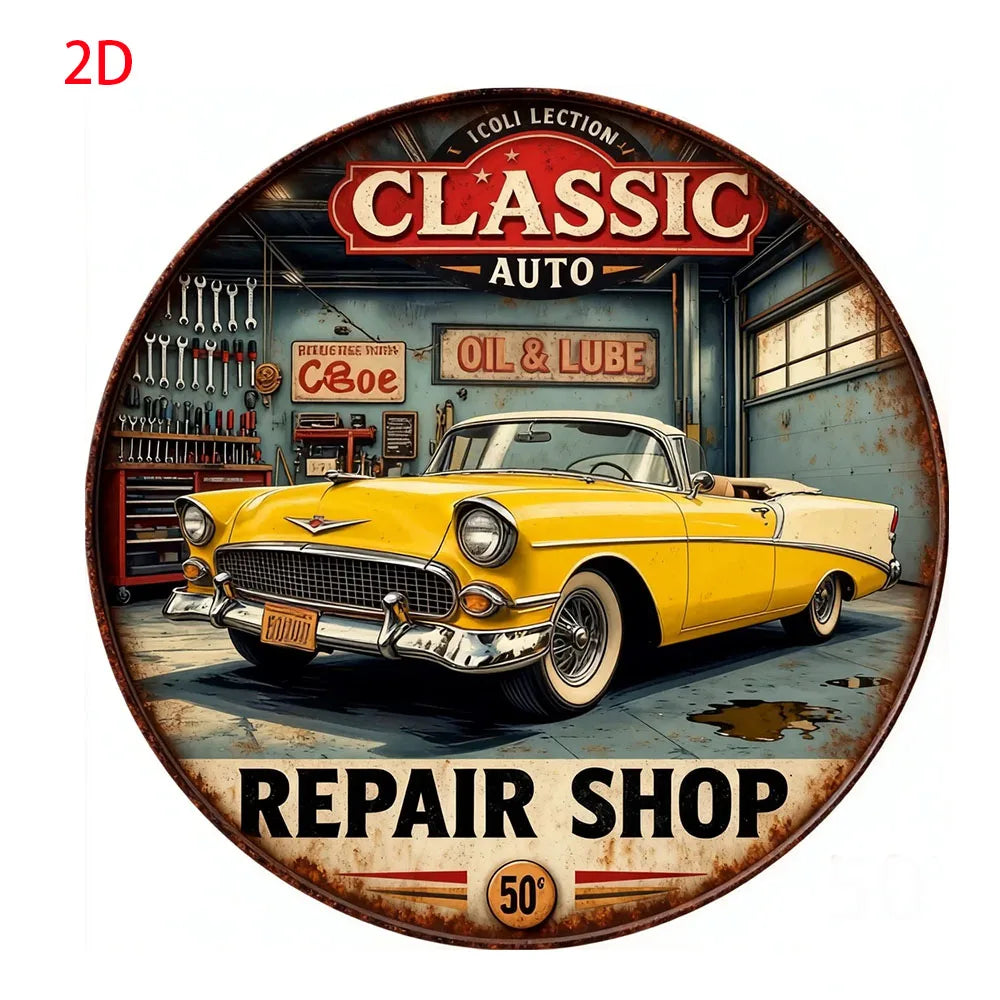 Vintage Retro Garage Aluminum Round Wall Plaque: 2D Flat Metal Sign with Classic Cars & Tools Design – for Bars, Cafes,