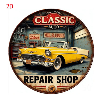 Vintage Retro Garage Aluminum Round Wall Plaque: 2D Flat Metal Sign with Classic Cars & Tools Design – for Bars, Cafes,