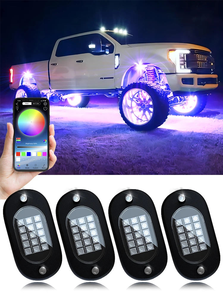 Honalia RGB LED Rock Lights APP Control Music Neon Car Underglow Chassis Light for Offroad Truck SUV 4x4 ATV Boat