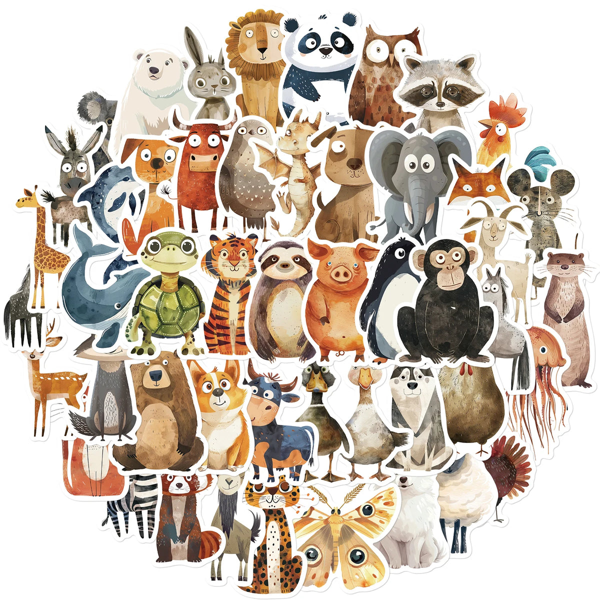 50PCS Cute Strange Watercolor Animals Cartoon Stickers DIY Laptop Phone Luggage Cup Waterproof Graffiti Bicycle Car Decals