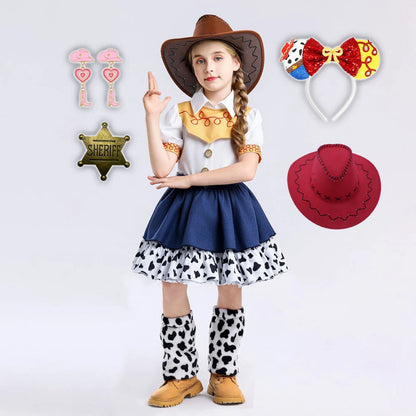 2026 Cool Girl Western Cowgirl Suit Double Layer Cow Print Skirt With Leg Warmers Kid Toy Party Movie Costume Fancy Jessie Dress