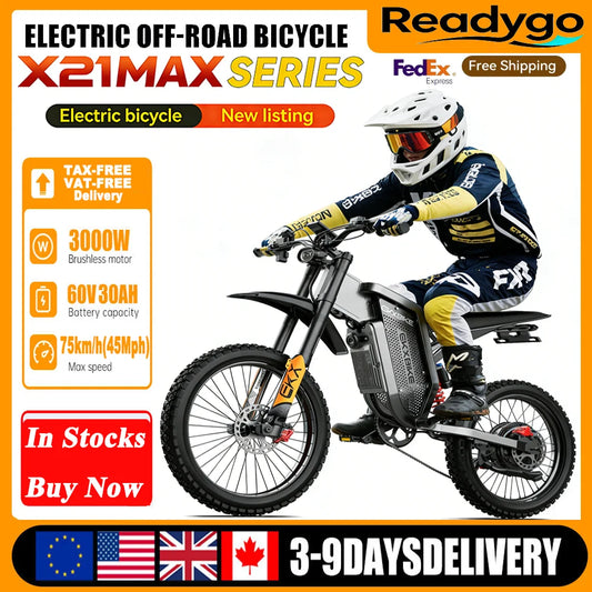 Readygo EKX X21 Max 3000W Electric Dirt Bike, 60V 30Ah Battery 85km/h Adult Off-Road E-Bike Brushless Motor Electric Motorcycle
