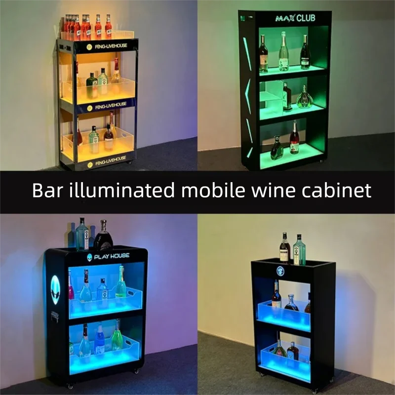 Mobile Stainless Steel LED Champagne Wine Rack Bar Lighting Import Liquor Display Cabinet Pub Liquor Display Cabinet