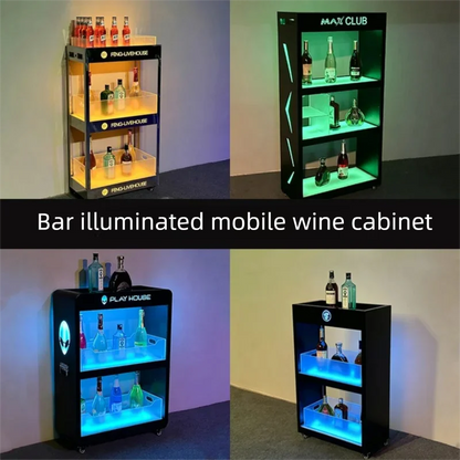 Mobile Stainless Steel LED Champagne Wine Rack Bar Lighting Import Liquor Display Cabinet Pub Liquor Display Cabinet