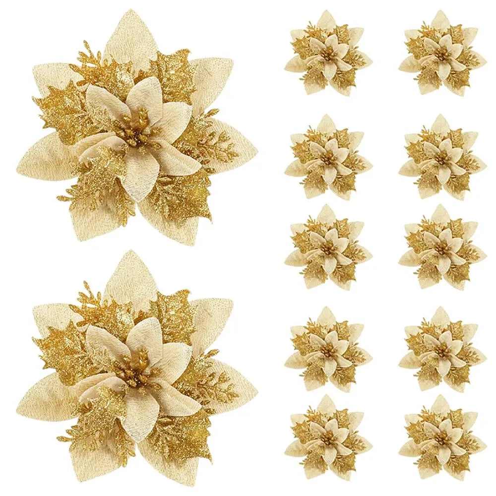 Glitter Artificial Flowers for Christmas Tree, Xmas Ornaments, Pink, Red, Gold, Home Decoration, 14.5cm