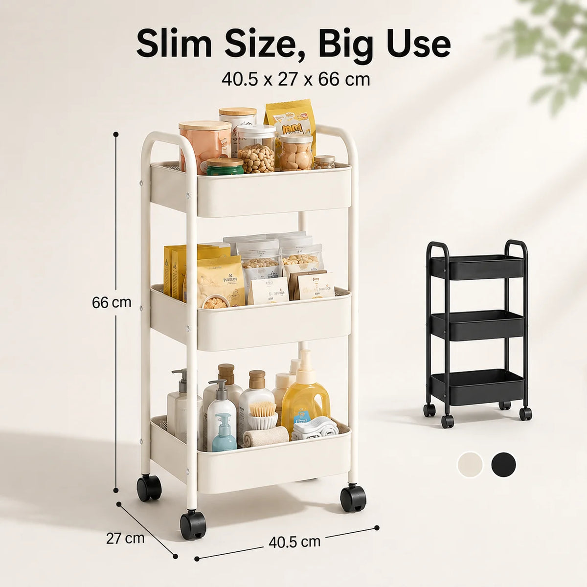 3-Tier Slim Rolling Storage Cart, 66 cm High Metal Utility Trolley for Kitchen, Bathroom and Laundry Room