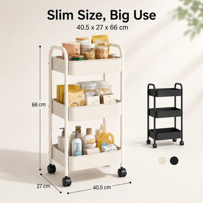 3-Tier Slim Rolling Storage Cart, 66 cm High Metal Utility Trolley for Kitchen, Bathroom and Laundry Room