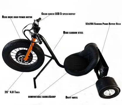 Powerful 48V Electric Drift Trike Front Hub Motor Kids Go Kart Teenagers Adults Lithium Battery Power Supply Disc Brake System