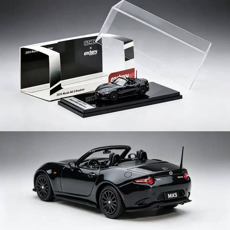 1:64 Mazda MX-5 RF diecast car model displayed in a clear case with black sports car design.