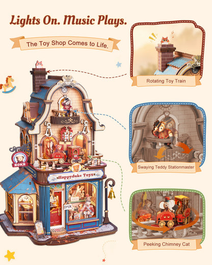 ROKR Happyduke Toys Shop DIY Miniature House Kit Tiny Home Kinetic Model Building Kits  for Home Decor Christmas for Adults