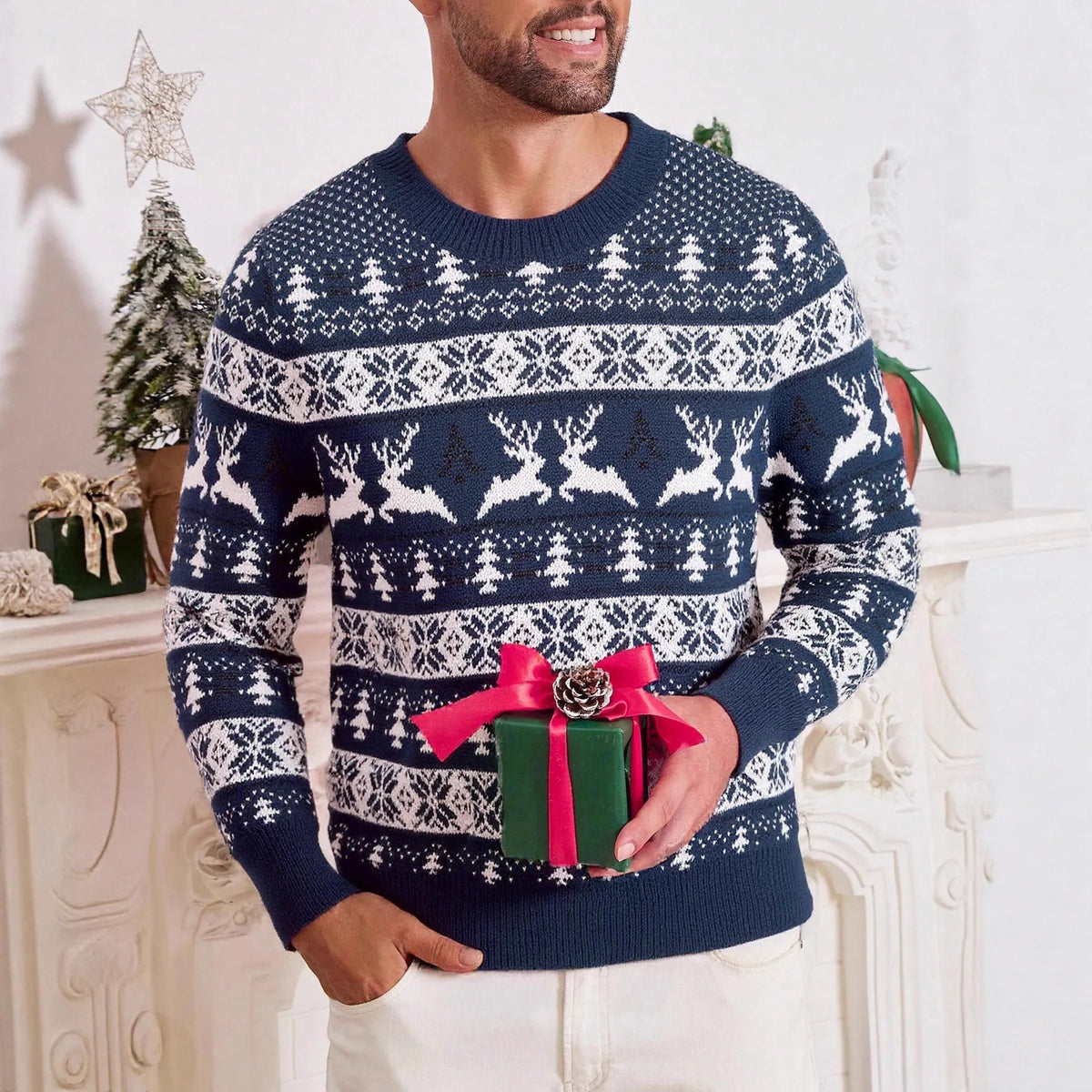 2025 Christmas Sweater Men Xmas Novelty Print Knitwear Funny Holiday Party Cosplay Pullover Jumper for Halloween Mens Clothes