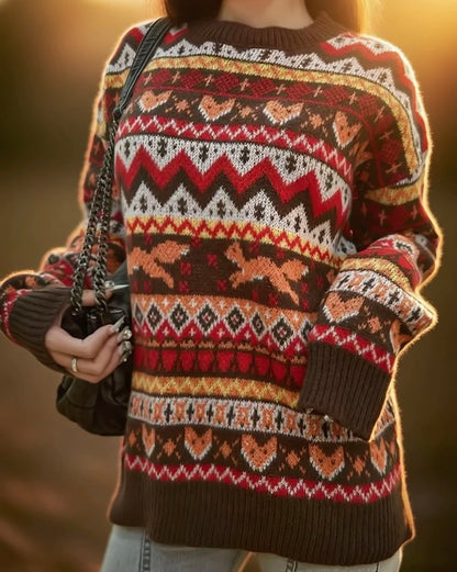 New Christman-themed autumn and winter cute animal fox pattern jacquard round-neck pullover sweater for women