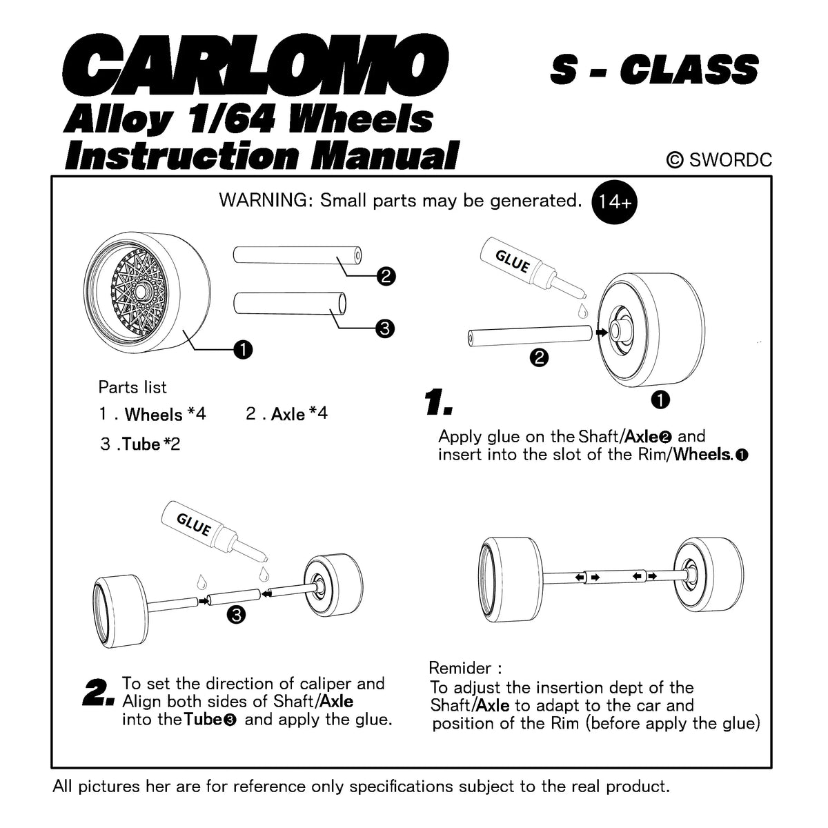 Carlomo S-Class Brand New 1/64 Alloy Wheels Rubber Tires with Brake Disc Assembly Rims for Model Diecast Car for model cars