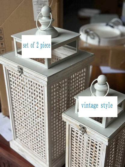 Rustic Wooden Lantern Set with Lattice Design, Distressed White Finish, Solid Wood and Bamboo Weave, 2 Piece Set, Large 25x25x62