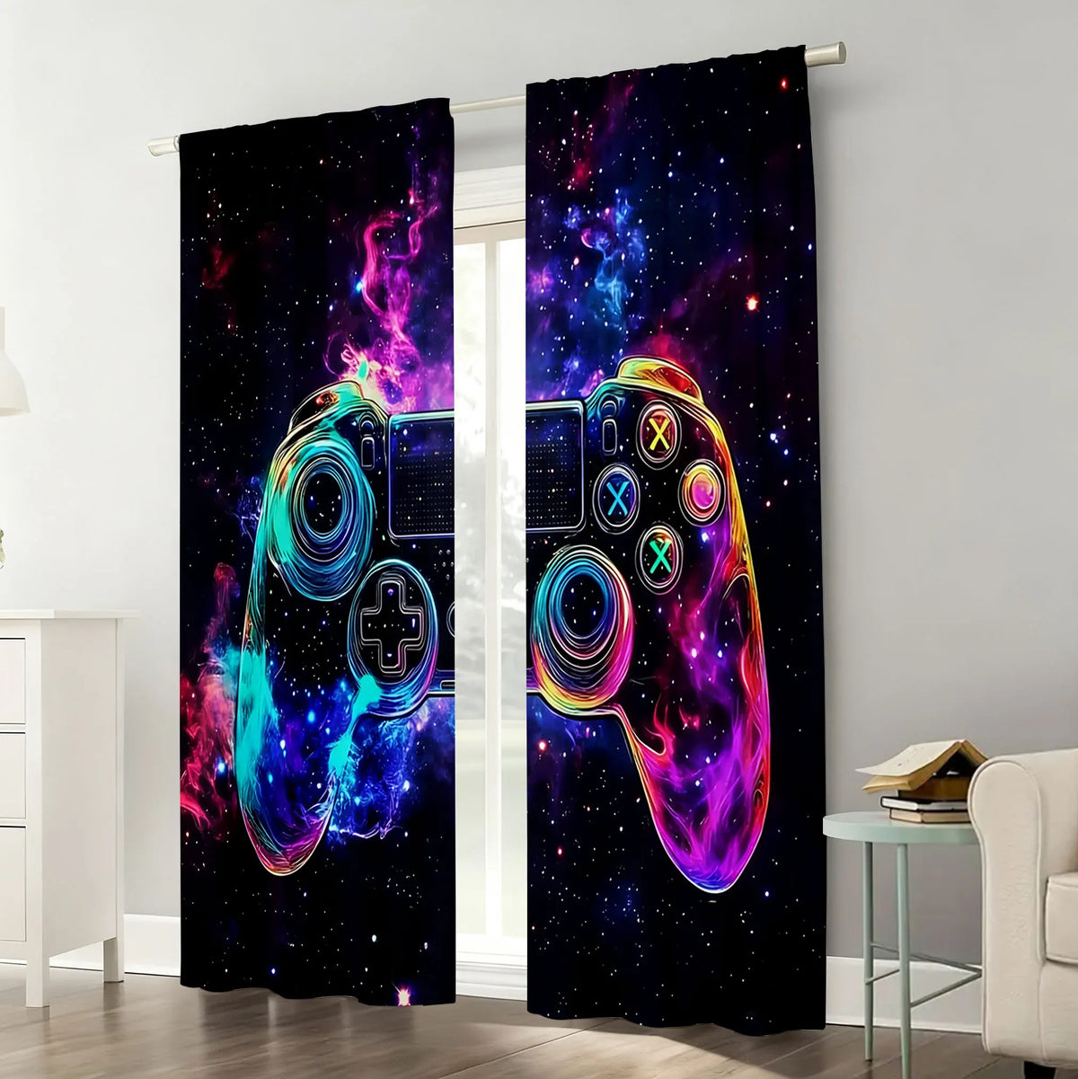2PC Neon "Game Night" Curtains - Vibrant Gaming Print Window Drapes for Boys Bedroom Game Room Decor