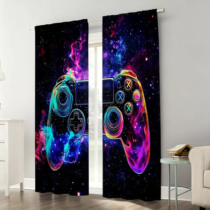2PC Neon "Game Night" Curtains - Vibrant Gaming Print Window Drapes for Boys Bedroom Game Room Decor