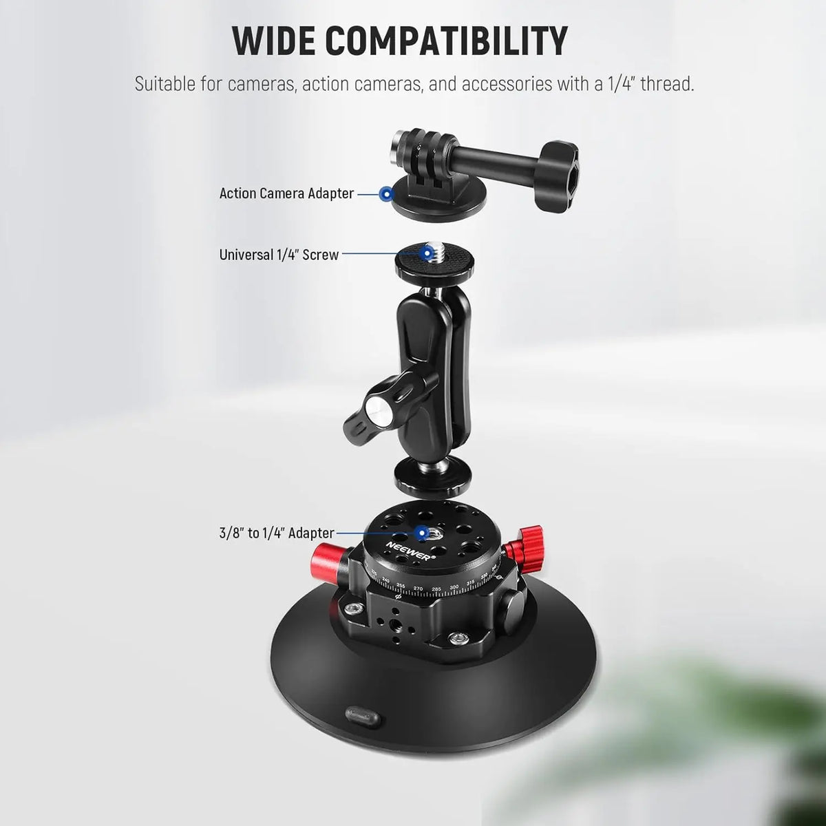 NEEWER 6"/15.2cm Camera Suction Cup Mount Metal Suction Cup Mount on Car Windshield Dash for Camera/Action Camera/Phone Holder