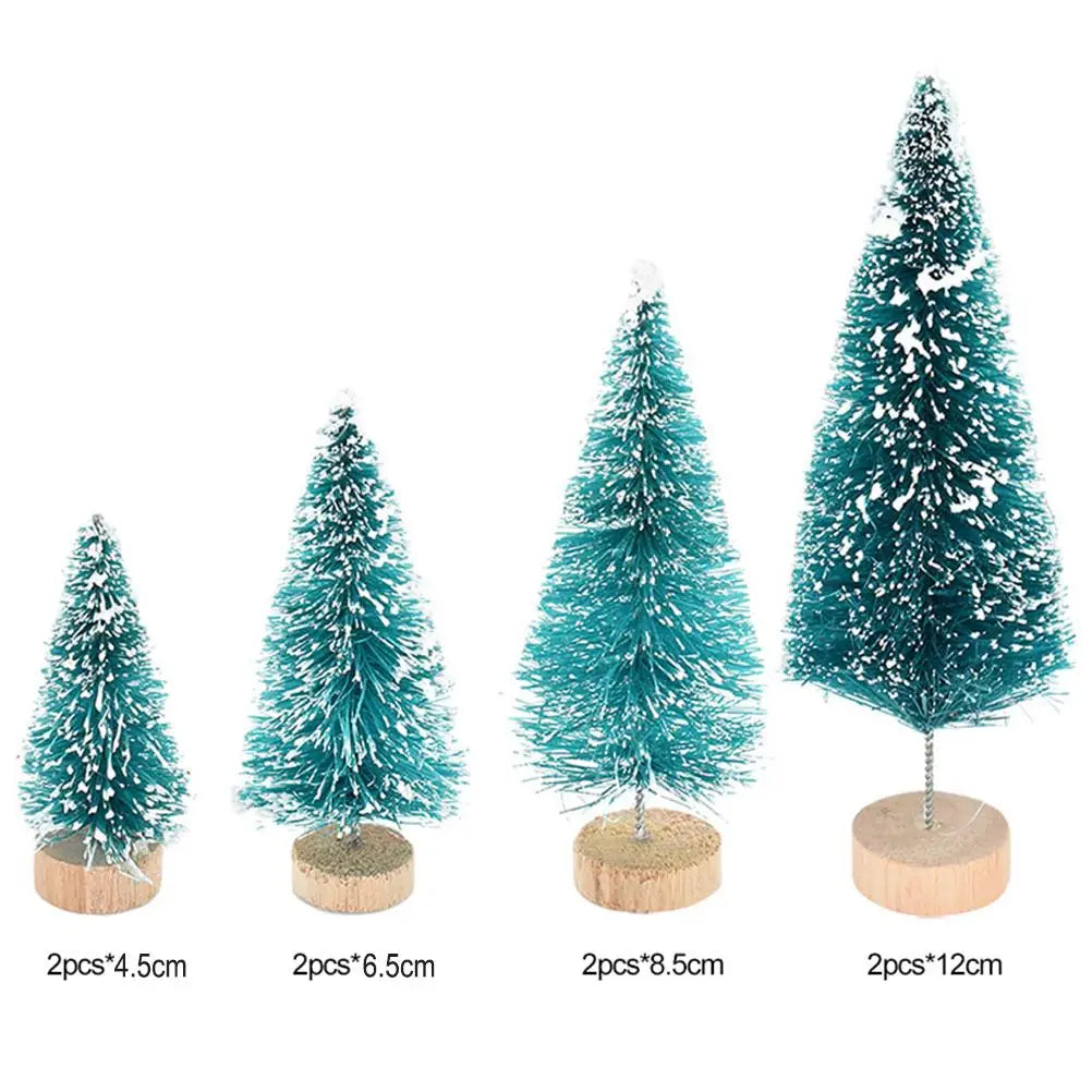 8PCS Mini Christmas Pine Tree Decorations with Wooden Base Sisal Silk Bottle Brush Trees For Xmas Party Happy New Year