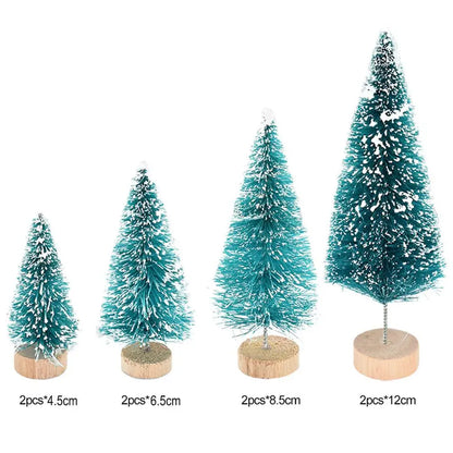 8PCS Mini Christmas Pine Tree Decorations with Wooden Base Sisal Silk Bottle Brush Trees For Xmas Party Happy New Year