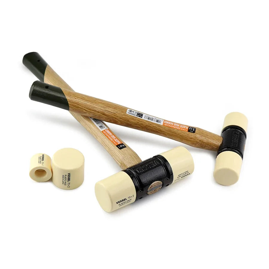 VESSEL Double-headed Plastic Hammer 1Pcs Wooden Handle Shock-absorbing Floor Hammer Replaceable Soft-faced Head NO.70 Series