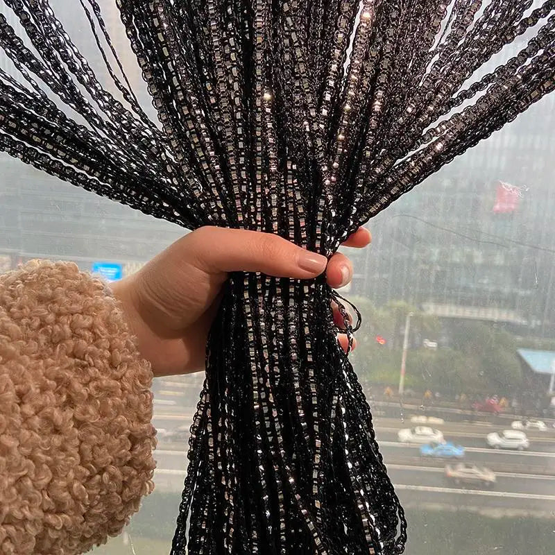 1pcs/set 100x200cm Premium Glitter String Curtain with Silver Ribbon & Sparkling Fringe - Decorative Window/Room Curtain + Rod