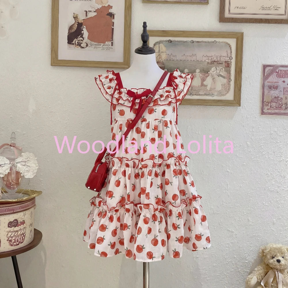 Summer Pure Desire Japanese Style Cute Earlet Lace Trim One Shoulder Floral Print Mini Skirt Women's Dress Fairy Dust Cake Short