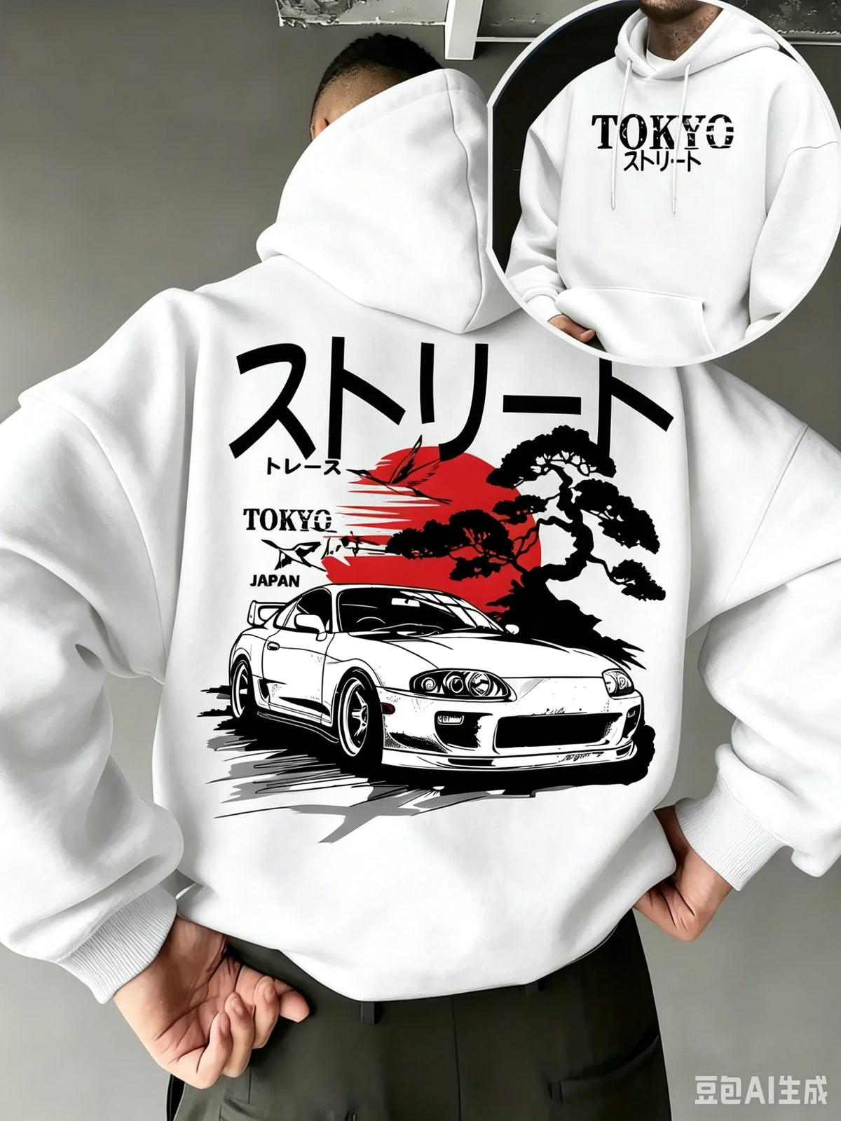 Men Oversized Hoodie JDM Supra Car TOKYO Japan Bonsai Sun Print Pullover Sweatshirt Autumn Winter Japanese Harajuku Street Tops